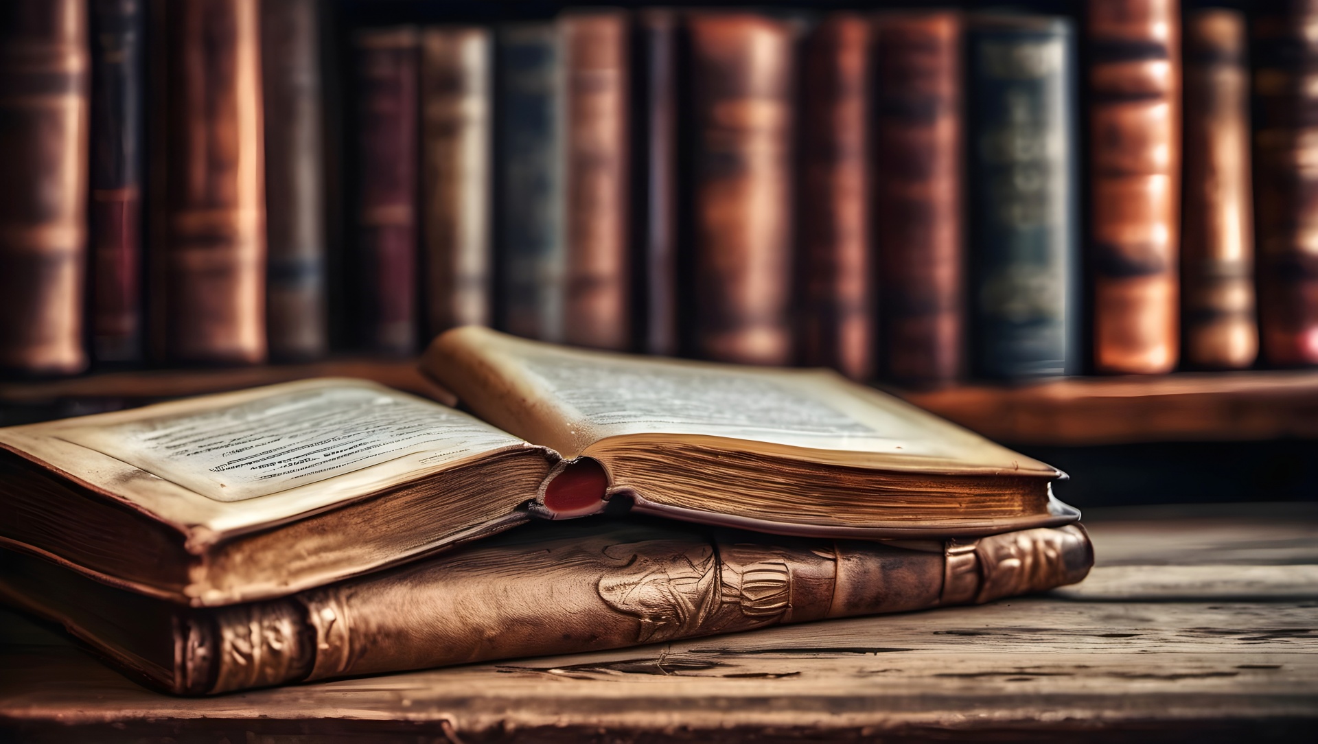 Rayonnage d’anciens volumes reliés, ambiance bibliothèque vintage